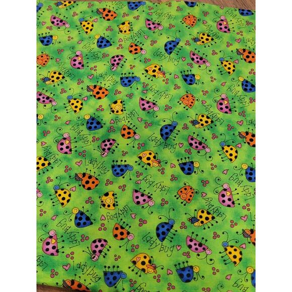 Green Fabric With Colorful Rainbow Beetle Ladybugs 1 Yard Cotton Fabric - Picture 2 of 3